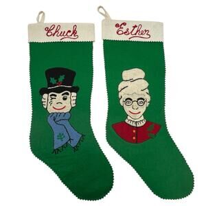 1960s MCM Felt Crewel Christmas Stockings Set of 2 Victorian Lady Gentlemen MONO